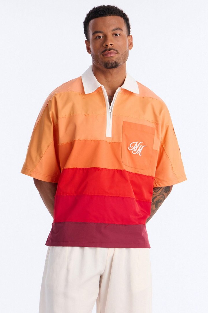 Oversized Frayed Zip Collar Polo - Orange