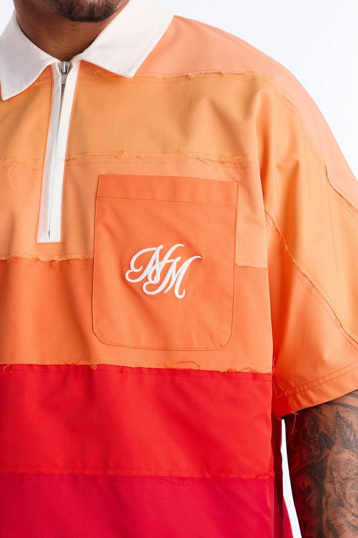 Oversized Frayed Zip Collar Polo - Orange