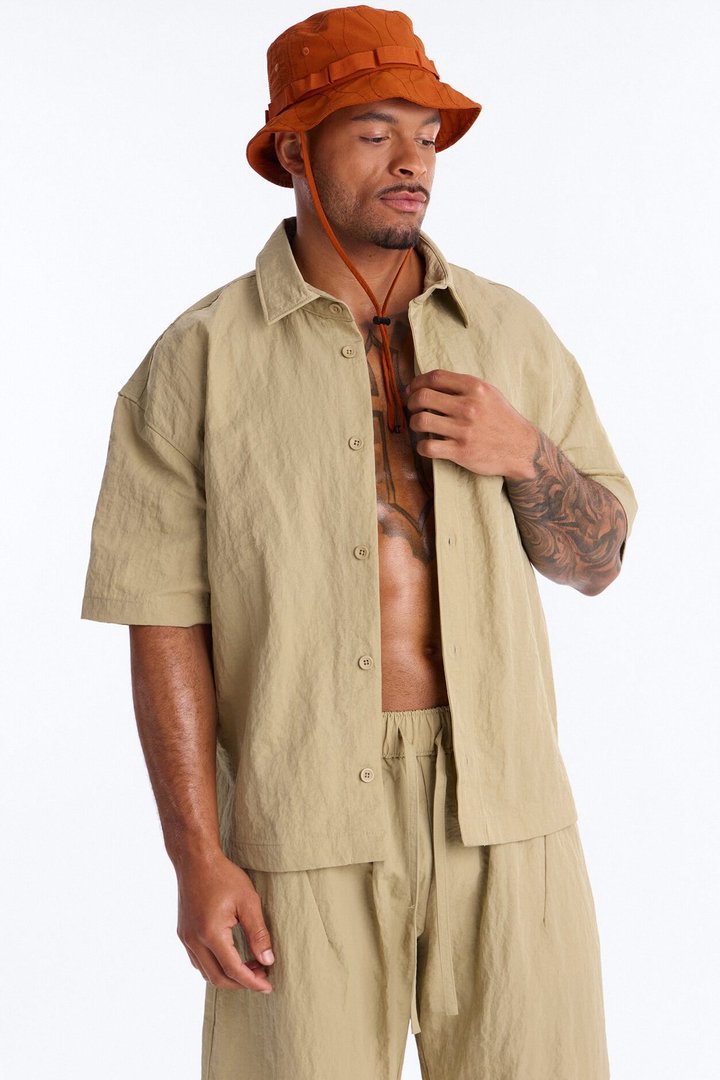 After Dark Amalfi Nylon Button Up Shirt - Khaki