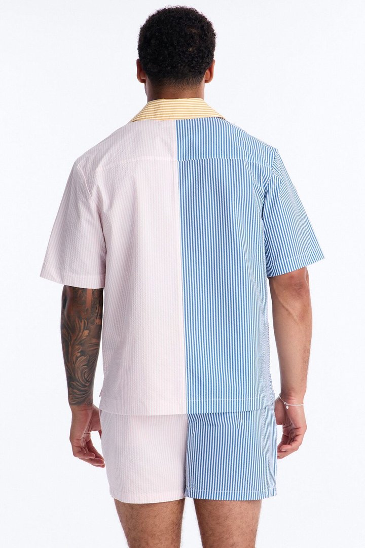 Relaxed Day Party Seersucker Striped Cuban Collar Button Up Shirt - Multi Color
