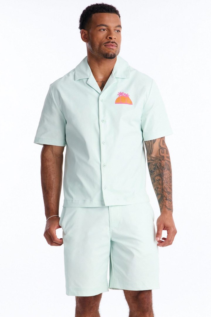Relaxed Sunset Frenzy Cuban Collar Button Up Shirt - Mint