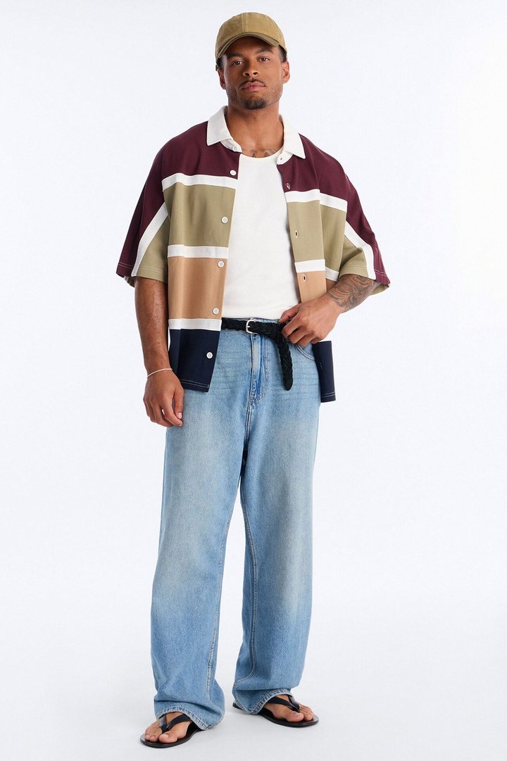 Oversized Spring Break Pique Button Up Shirt - Brown