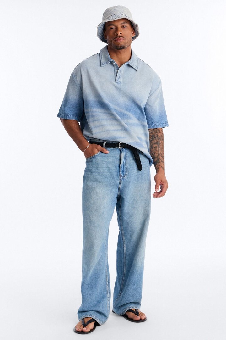 Boxy Faded Wave Denim Polo - Light Blue Wash