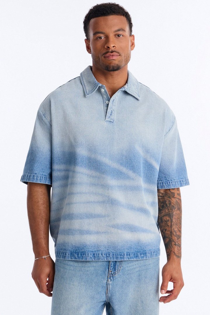 Boxy Faded Wave Denim Polo - Light Blue Wash