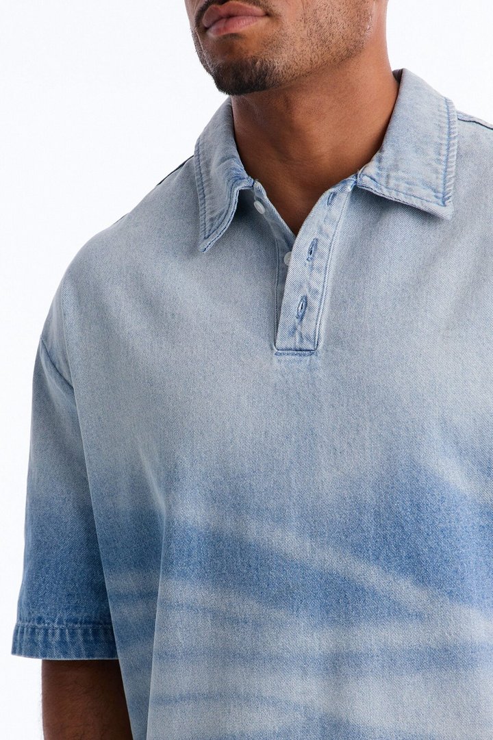 Boxy Faded Wave Denim Polo - Light Blue Wash