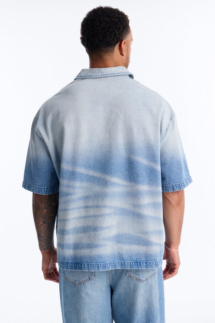 Boxy Faded Wave Denim Polo - Light Blue Wash