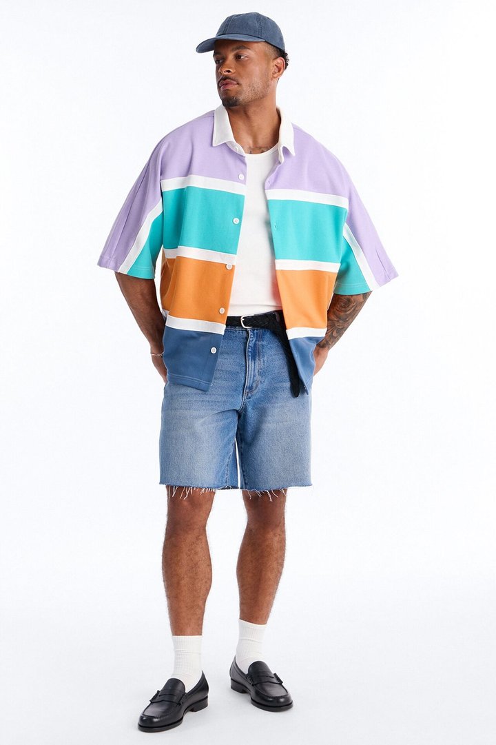 Oversized Spring Rush Pique Button Up Shirt - Blue