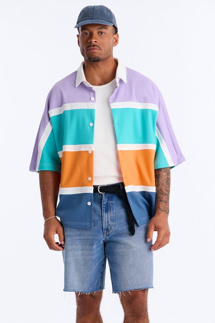 Oversized Spring Rush Pique Button Up Shirt - Blue