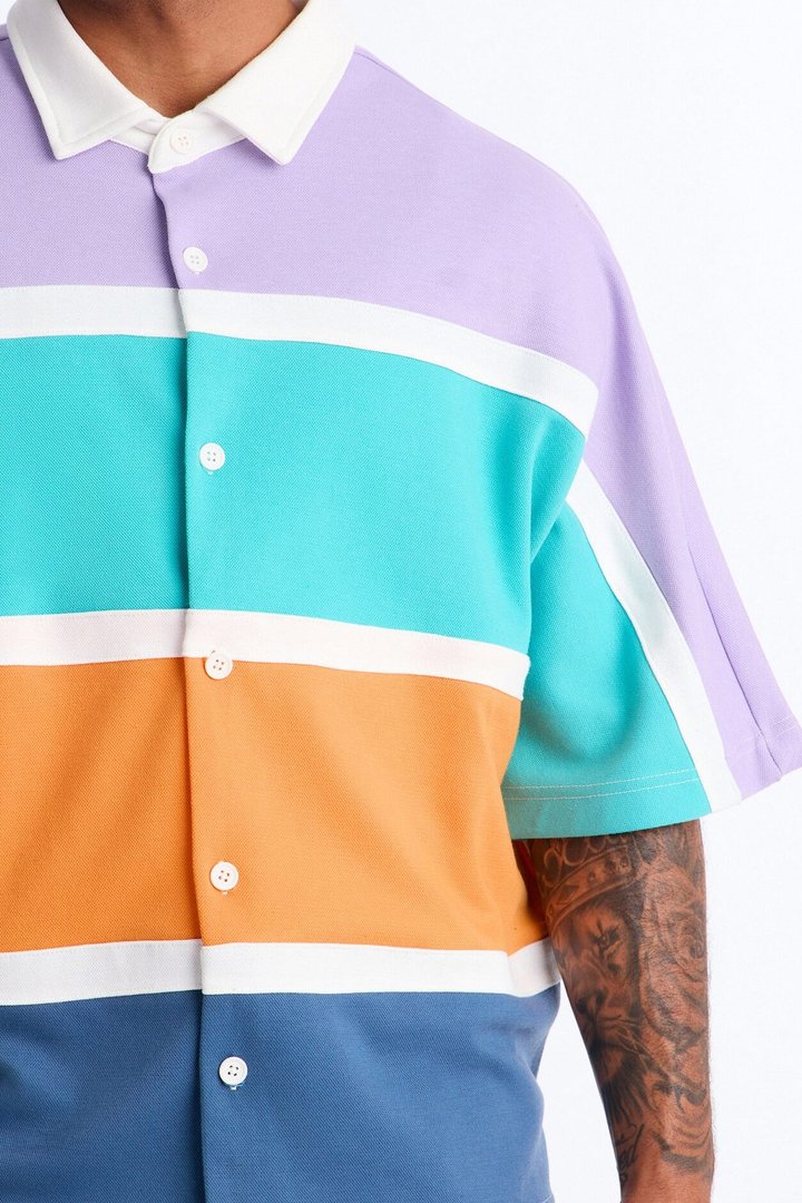 Oversized Spring Rush Pique Button Up Shirt - Blue
