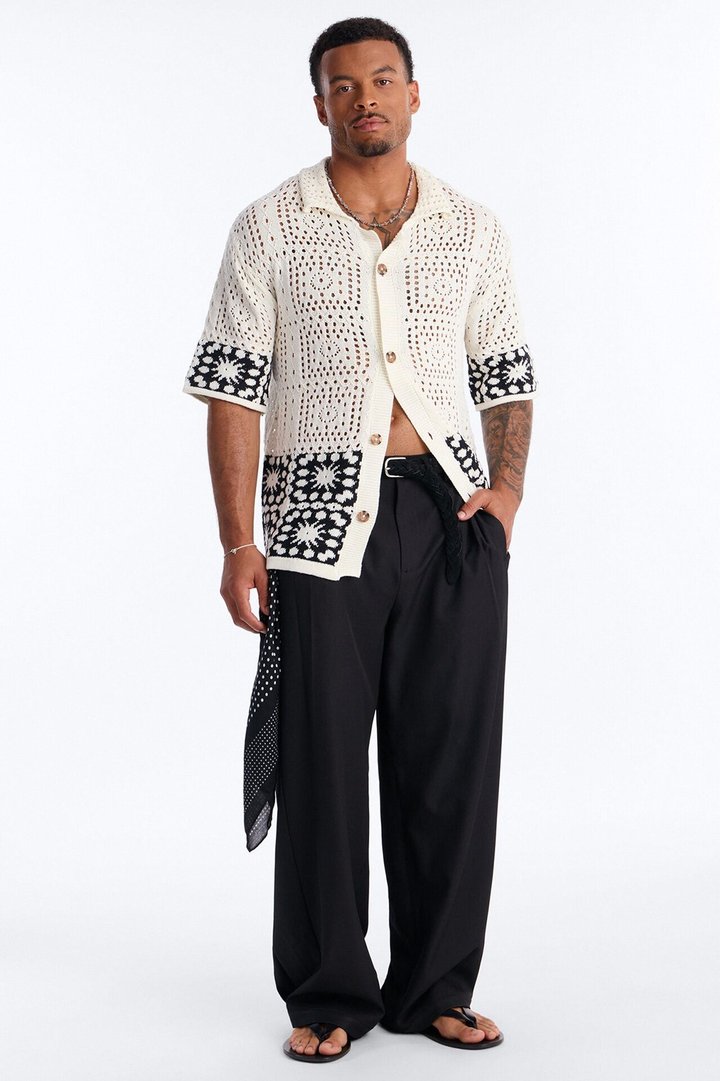 Relaxed Sunstage Crochet Cuban Collar Button Up Shirt - Black