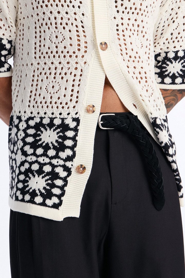 Relaxed Sunstage Crochet Cuban Collar Button Up Shirt - Black