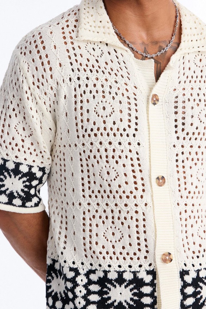 Relaxed Sunstage Crochet Cuban Collar Button Up Shirt - Black