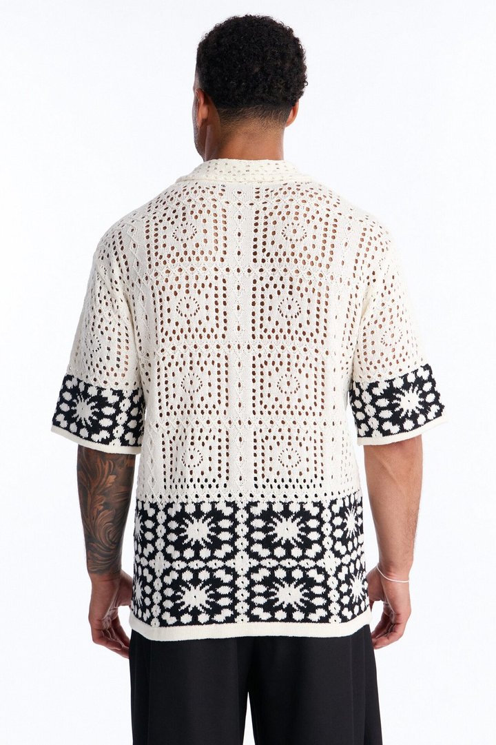 Relaxed Sunstage Crochet Cuban Collar Button Up Shirt - Black