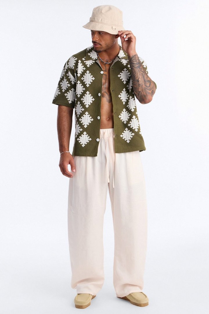 Relaxed Wave Side Crochet Cuban Collar Button Up Shirt - Green