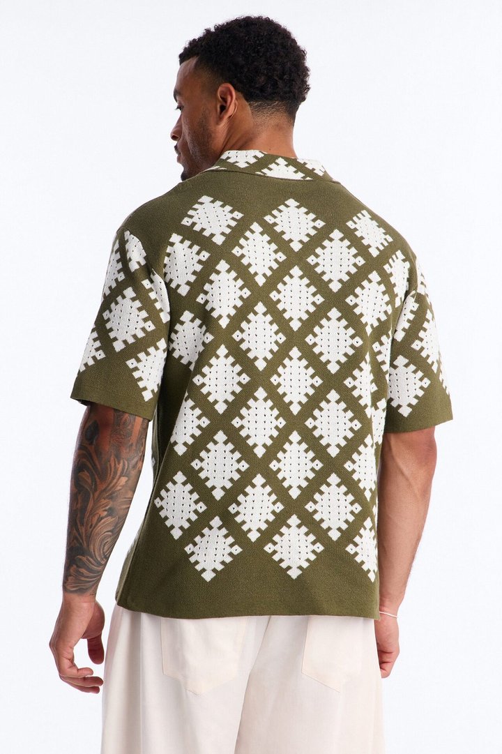 Relaxed Wave Side Crochet Cuban Collar Button Up Shirt - Green