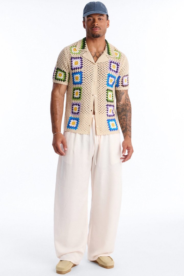 Bass Bloom Crochet Button Up Shirt - Tan