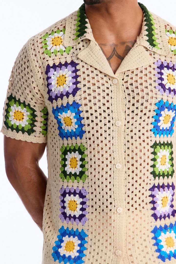 Bass Bloom Crochet Button Up Shirt - Tan