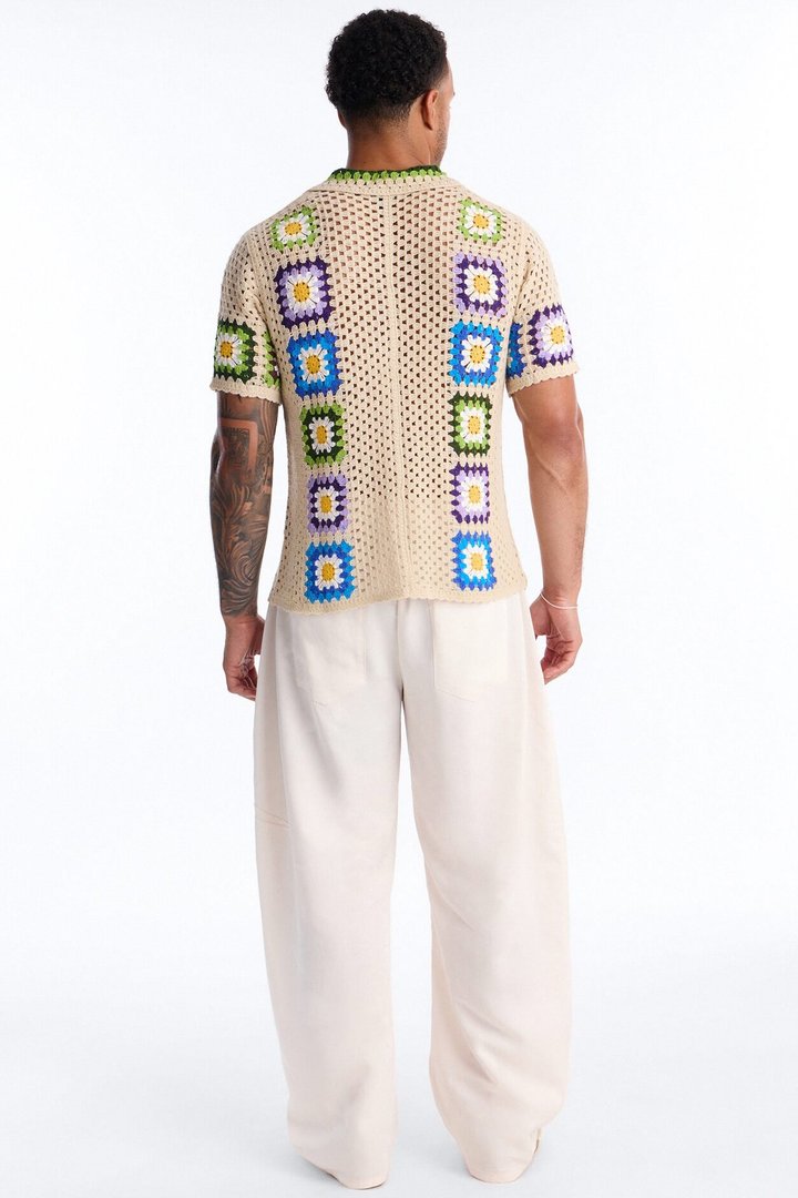 Bass Bloom Crochet Button Up Shirt - Tan