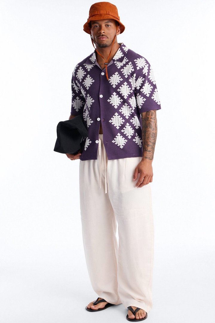 Relaxed Wave Side Crochet Cuban Collar Button Up Shirt - Purple