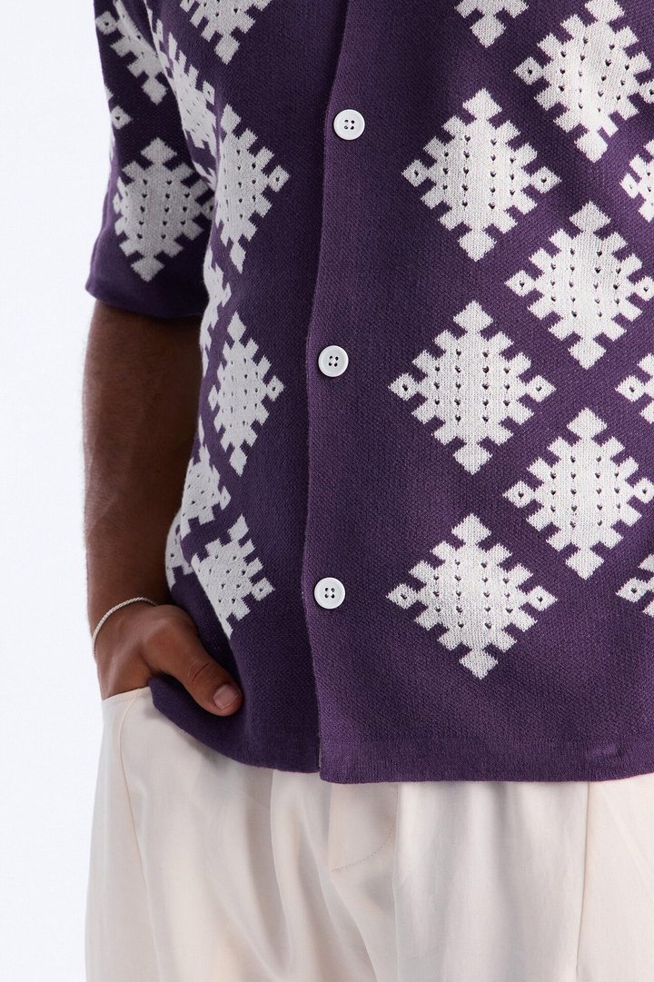 Relaxed Wave Side Crochet Cuban Collar Button Up Shirt - Purple