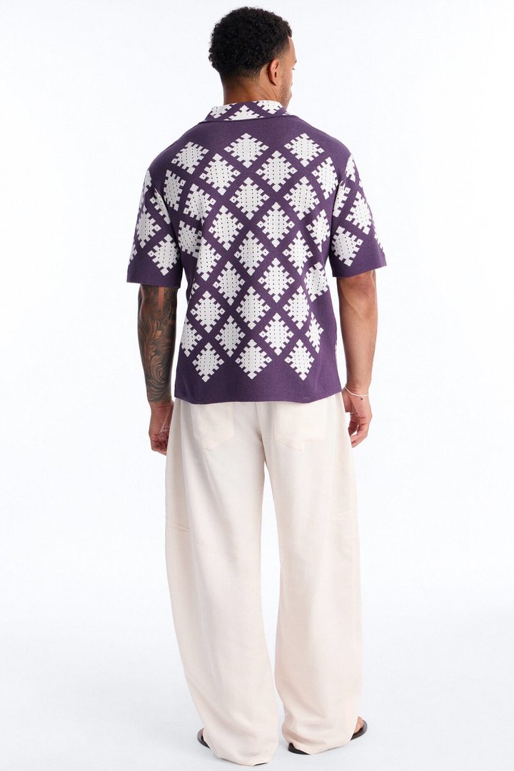 Relaxed Wave Side Crochet Cuban Collar Button Up Shirt - Purple