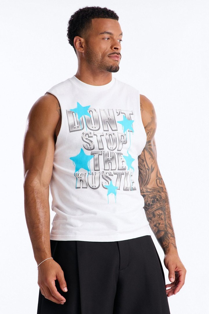 Don't Stop The Hustle Muscle Tee - White