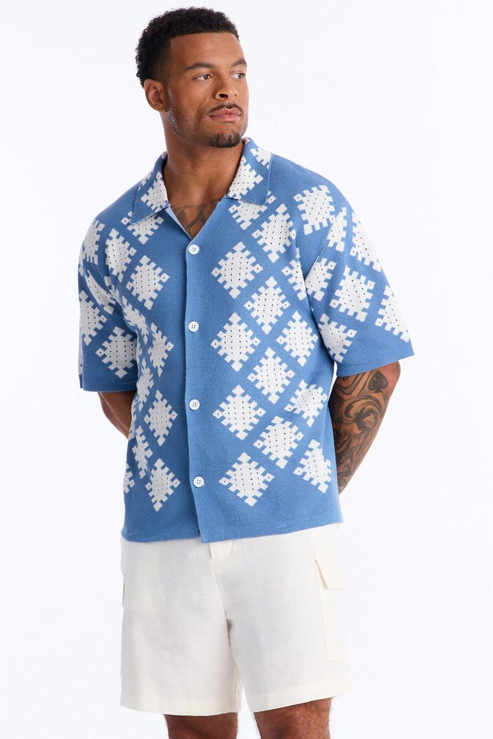 Relaxed Wave Side Crochet Cuban Collar Button Up Shirt - Slate Blue