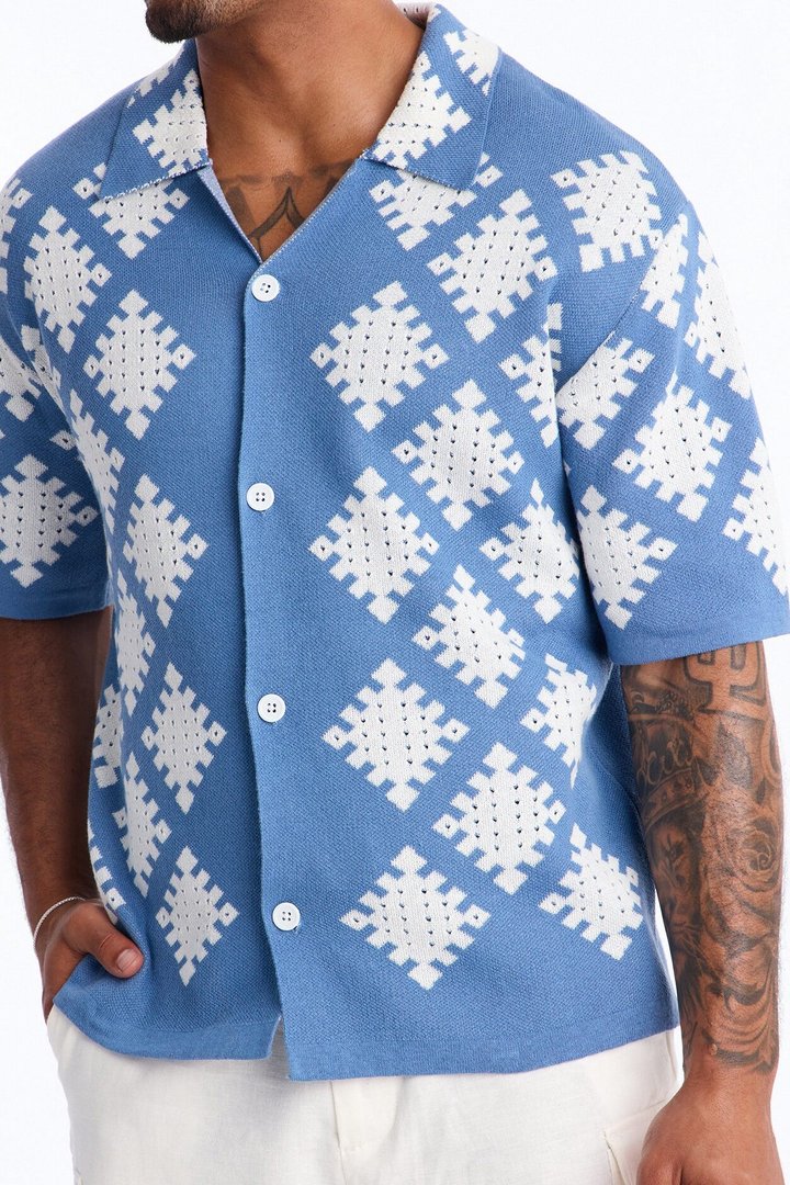 Relaxed Wave Side Crochet Cuban Collar Button Up Shirt - Slate Blue