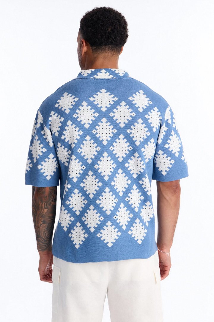 Relaxed Wave Side Crochet Cuban Collar Button Up Shirt - Slate Blue
