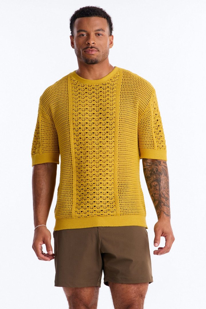 Relaxed Jonathon Crochet Crewneck Tee - Mustard