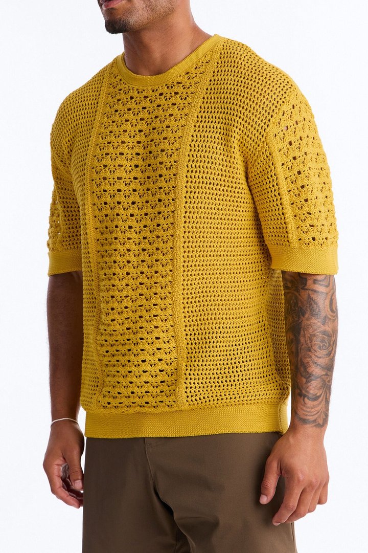 Relaxed Jonathon Crochet Crewneck Tee - Mustard