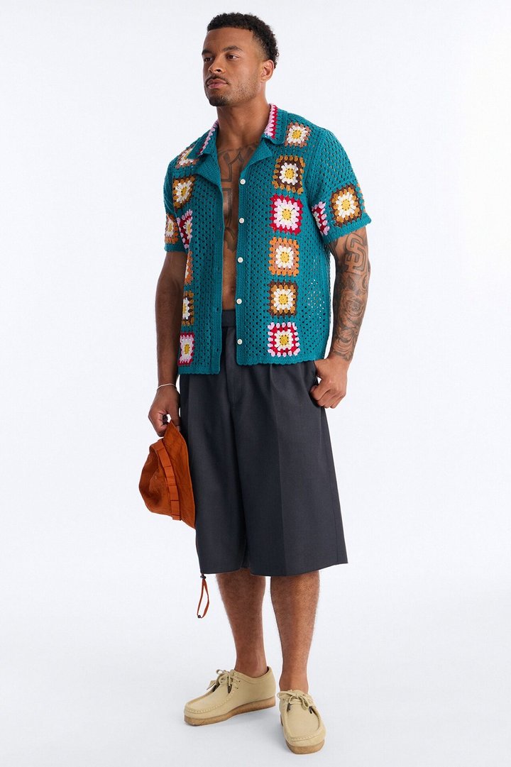 Bass Bloom Crochet Button Up Shirt - Green