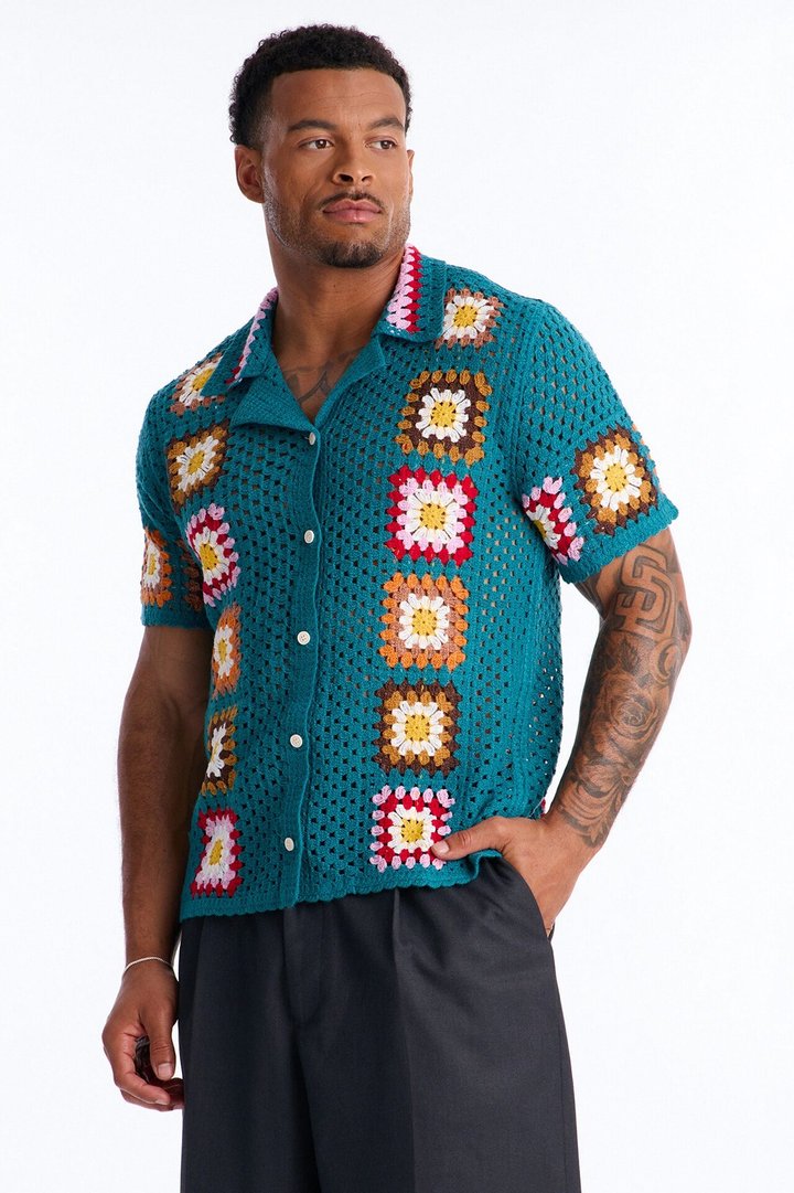 Bass Bloom Crochet Button Up Shirt - Green