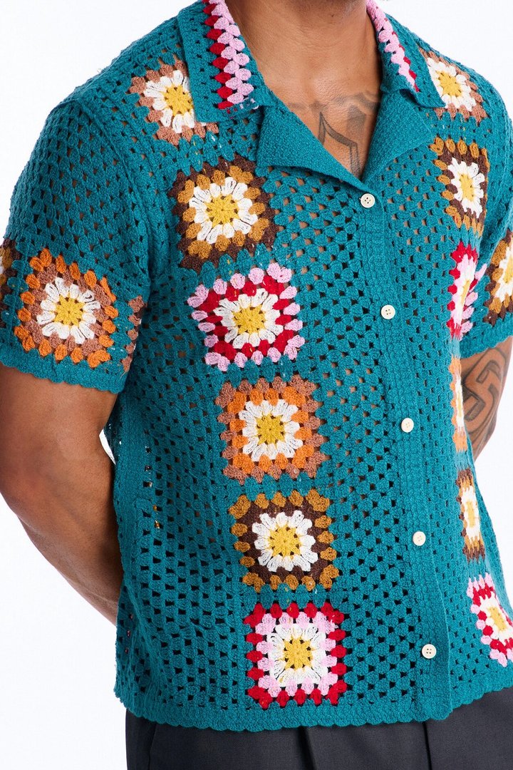 Bass Bloom Crochet Button Up Shirt - Green