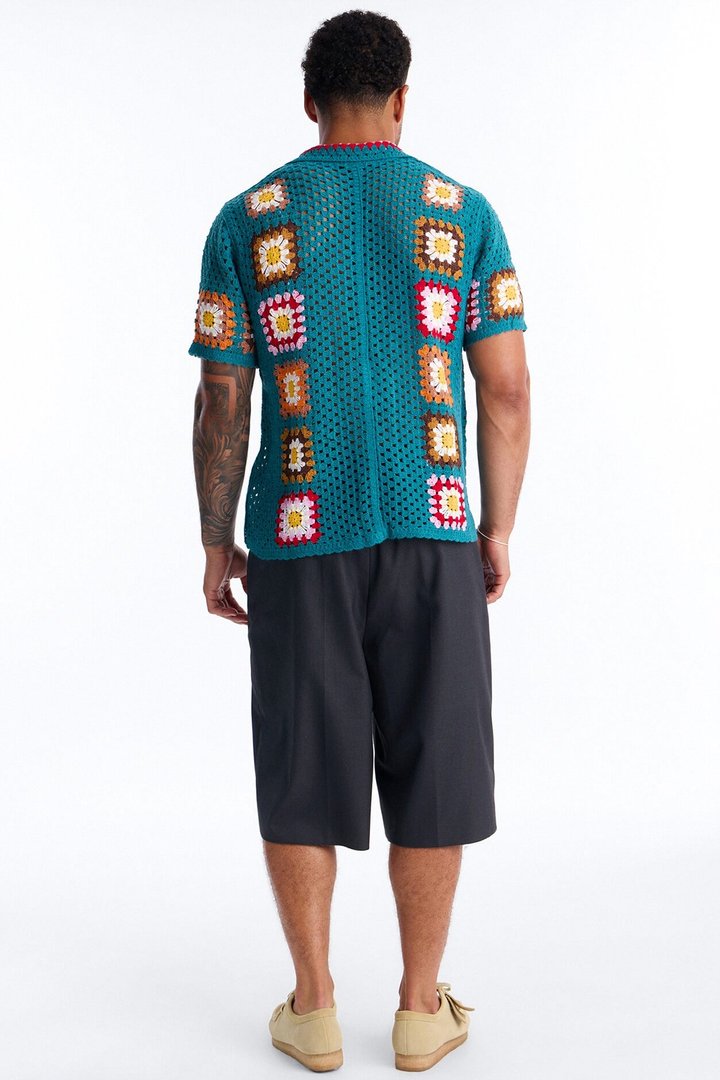 Bass Bloom Crochet Button Up Shirt - Green