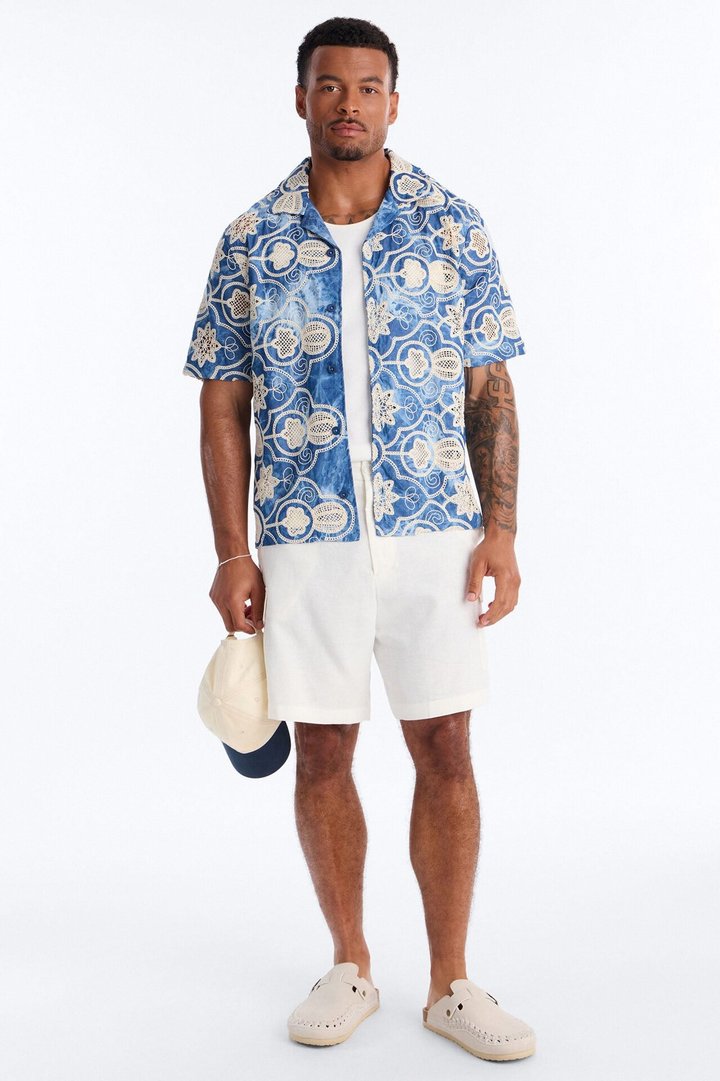 Floral Ties Washed Short Sleeve Cuban Collar Button Up Shirt - Blue