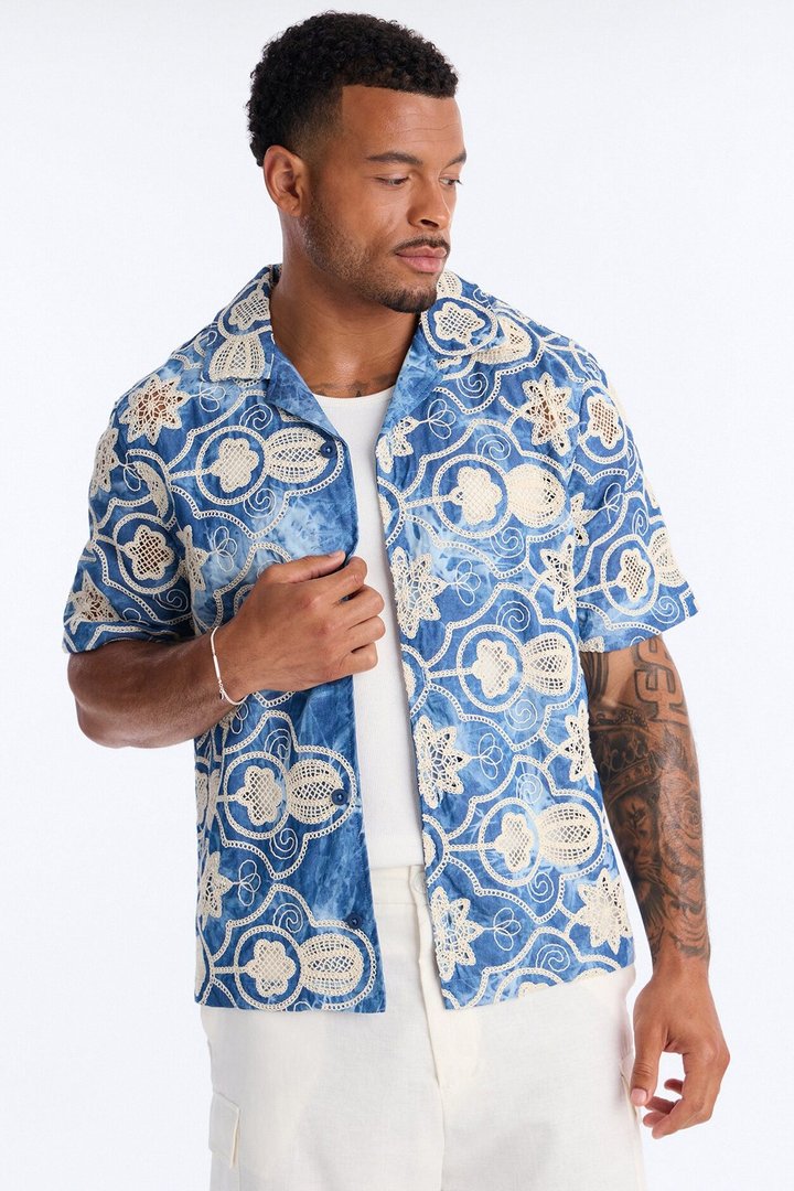 Floral Ties Washed Short Sleeve Cuban Collar Button Up Shirt - Blue