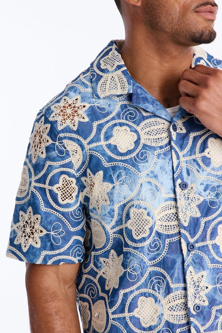 Floral Ties Washed Short Sleeve Cuban Collar Button Up Shirt - Blue