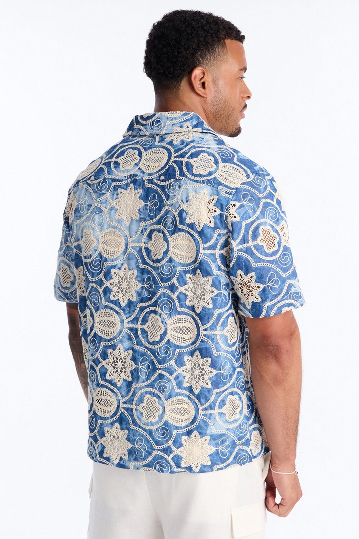 Floral Ties Washed Short Sleeve Cuban Collar Button Up Shirt - Blue
