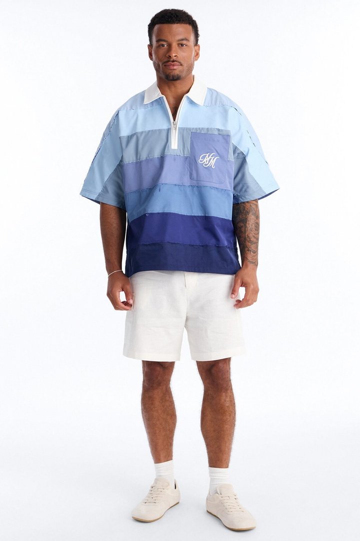 Oversized Frayed Zip Collar Polo - Blue