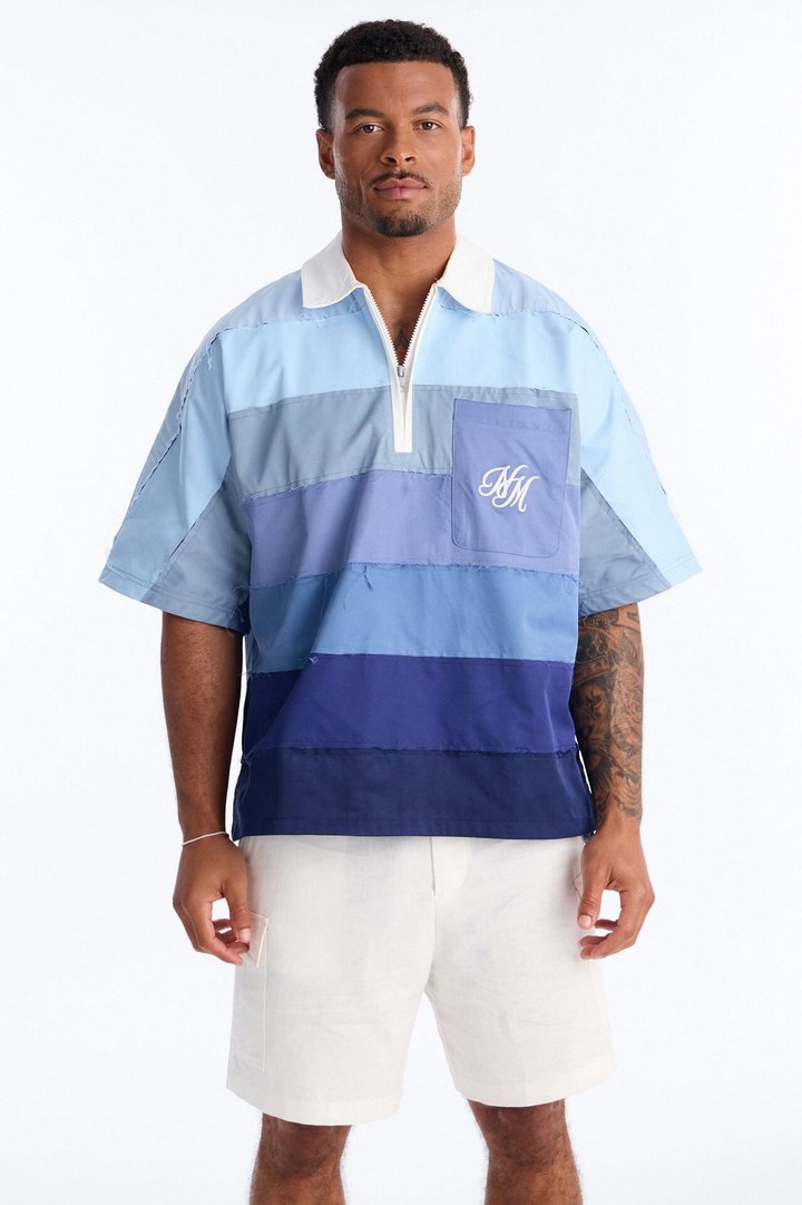 Oversized Frayed Zip Collar Polo - Blue