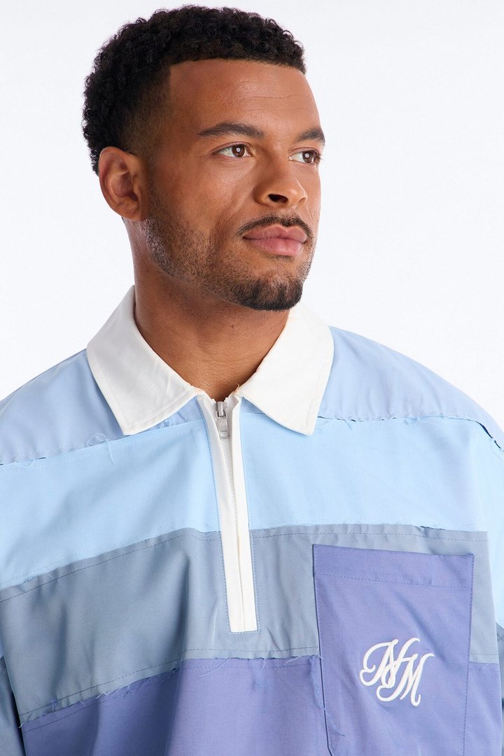 Oversized Frayed Zip Collar Polo - Blue