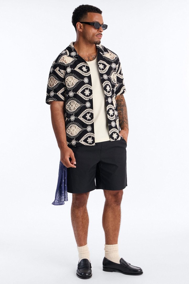 Floral Ties Short Sleeve Cuban Collar Button Up Shirt - Black