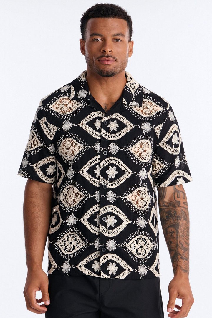 Floral Ties Short Sleeve Cuban Collar Button Up Shirt - Black