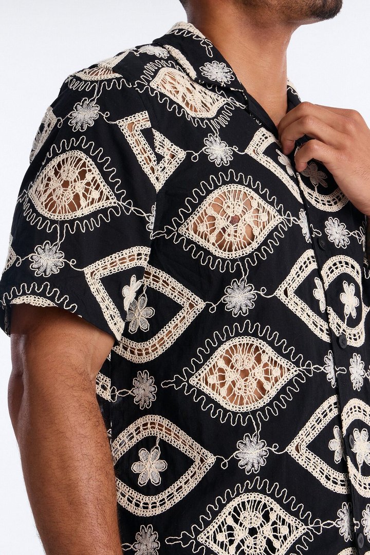 Floral Ties Short Sleeve Cuban Collar Button Up Shirt - Black