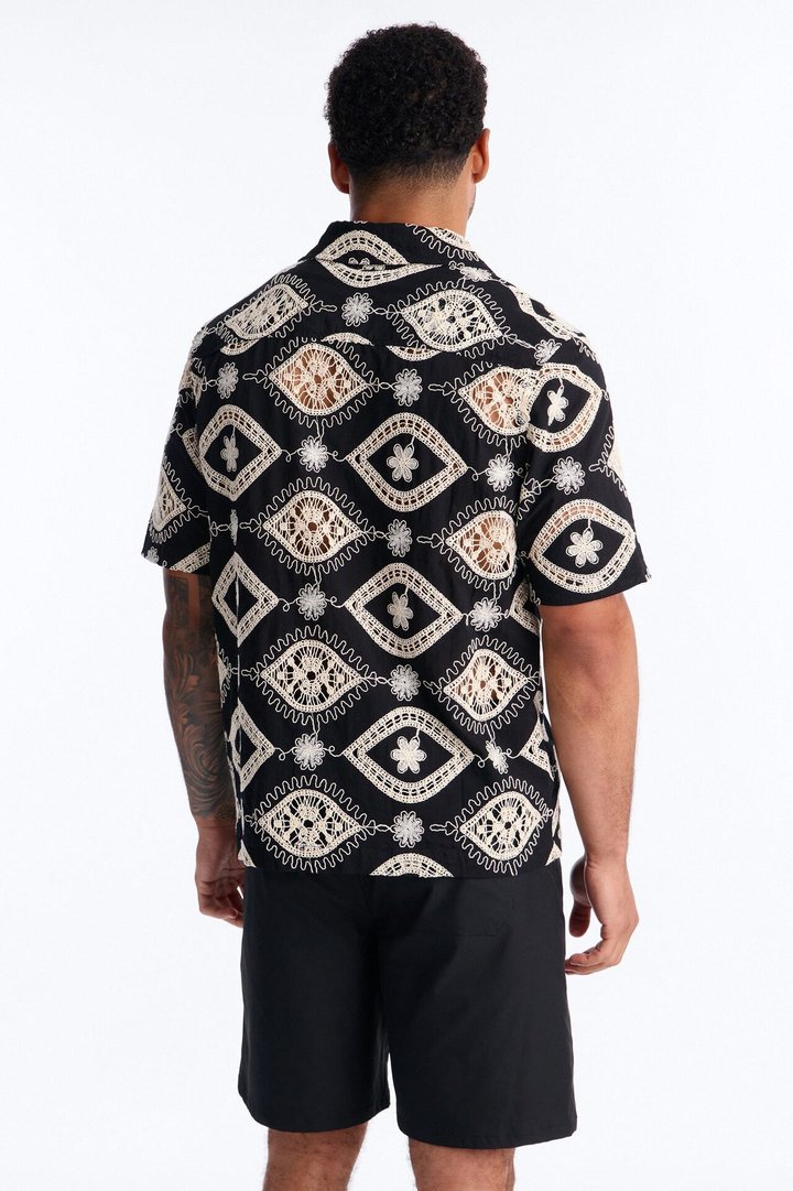 Floral Ties Short Sleeve Cuban Collar Button Up Shirt - Black
