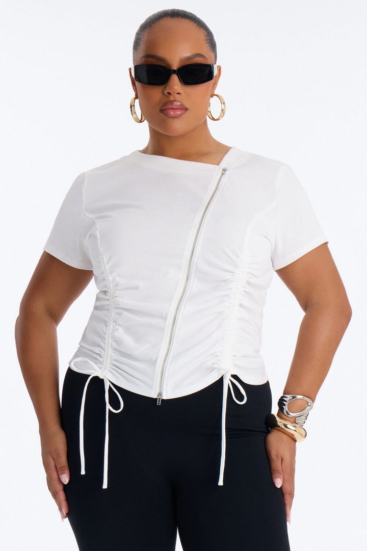 Unzip Me Ruched Short Sleeve Top - White