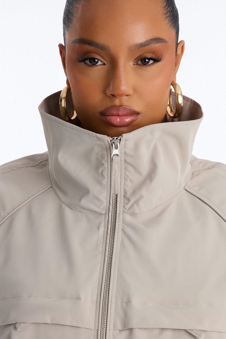 Cool Girl Funnel Neck Windbreaker Jacket - Taupe