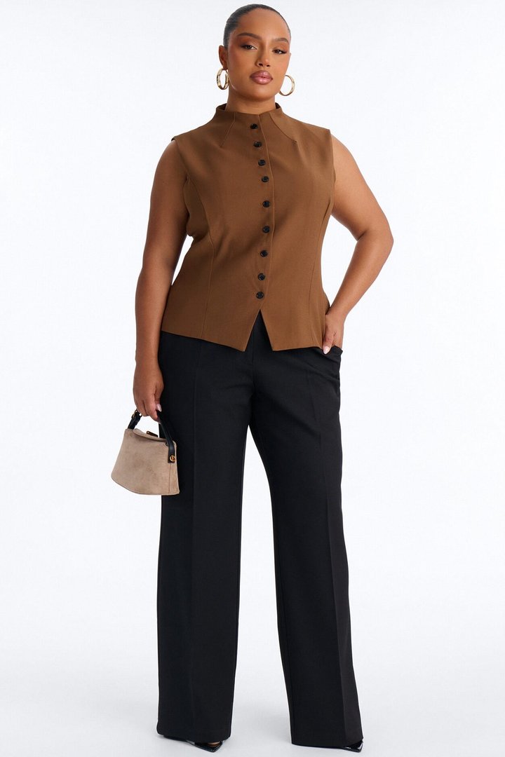 Lana Mock Neck Twill Top - Mocha