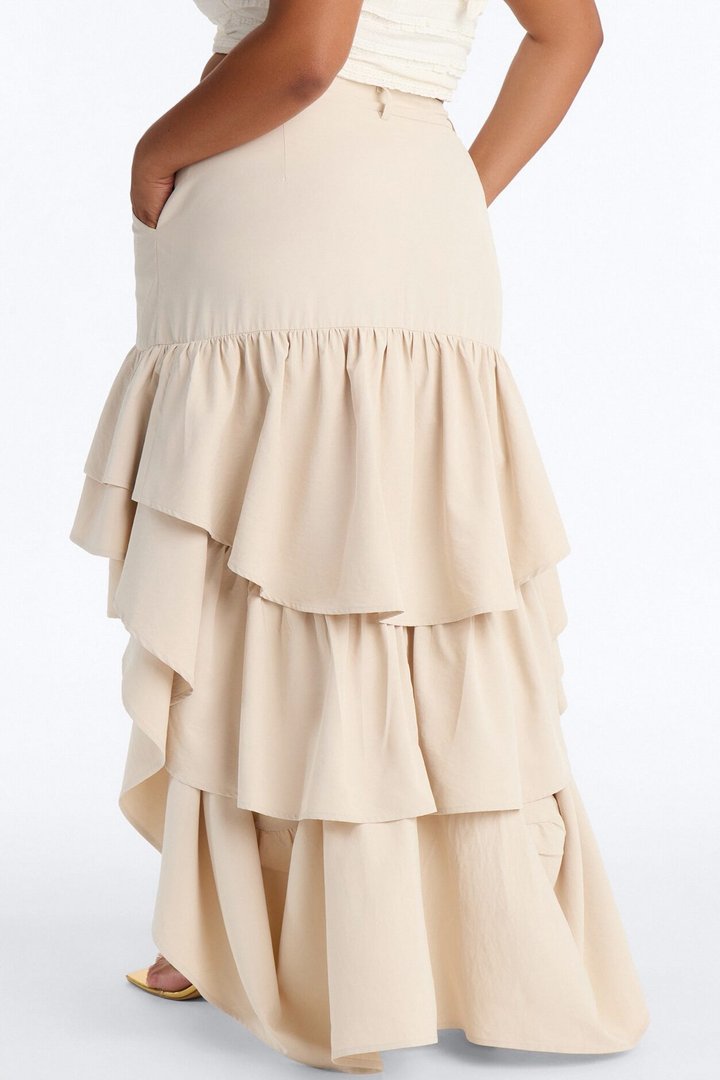 Alyssa Twill High Low Ruffle Maxi Skirt - Khaki